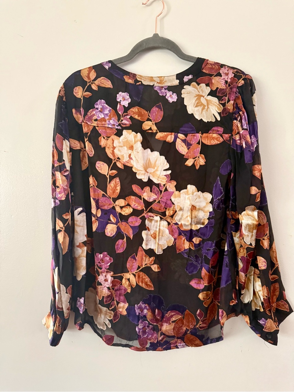 Chico's Black Floral Burnout Blouse Sheer Velvet Texture Long Sleeve V-Neck Top - Picture 6 of 6